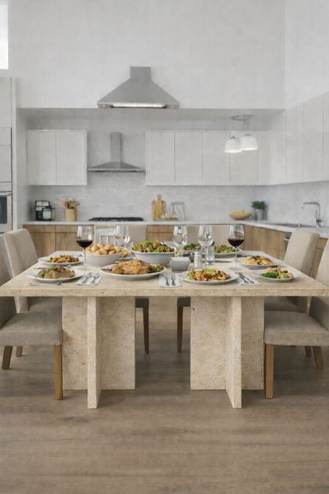 Dikdörtgen Salon Yemek Masası Kare Ayak 36mm Kalın Kenarlı 180x90-Traverten