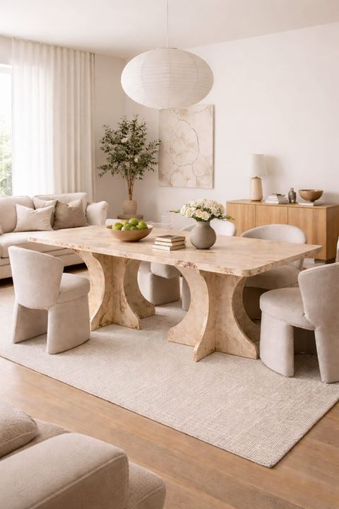 Dikdörtgen Salon Yemek Masası Kemer Ayak - 36mm Kalın Kenarlı 180x90-Traverten