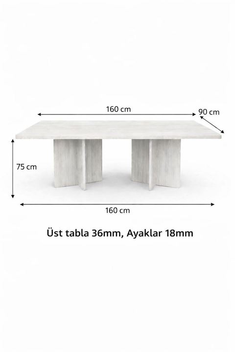 Dikdörtgen Salon Yemek Masası Kemer Ayak - 36mm Kalın Kenarlı 160x90-Beyaz