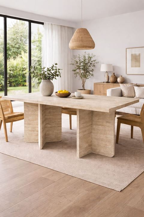 Dikdörtgen Salon Yemek Masası Kare Ayak 36mm Kalın Kenarlı 160x90-Traverten