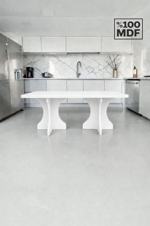 Dikdörtgen Salon Yemek Masası Kemer Ayak - 36mm Kalın Kenarlı 160x90-Beyaz