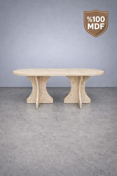 Oval Salon Yemek Masası Kemer Ayak 36mm Kalın Kenarlı -Traverten