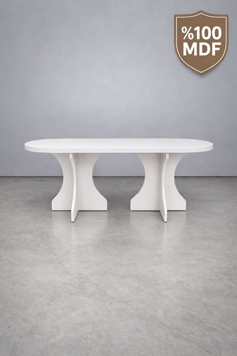 Oval Salon Yemek Masası Kemer Ayak 36mm Kalın Kenarlı 180x90 -Beyaz