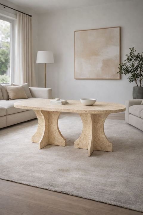 Oval Salon Yemek Masası Kemer Ayak 36mm Kalın Kenarlı 160x90-Traverten