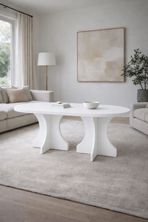 Oval Salon Yemek Masası Kemer Ayak 36mm Kalın Kenarlı 160x90 -Beyaz