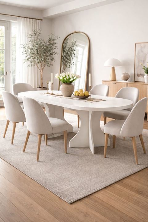 Oval Salon Yemek Masası Kemer Ayak 36mm Kalın Kenarlı 160x90 -Beyaz