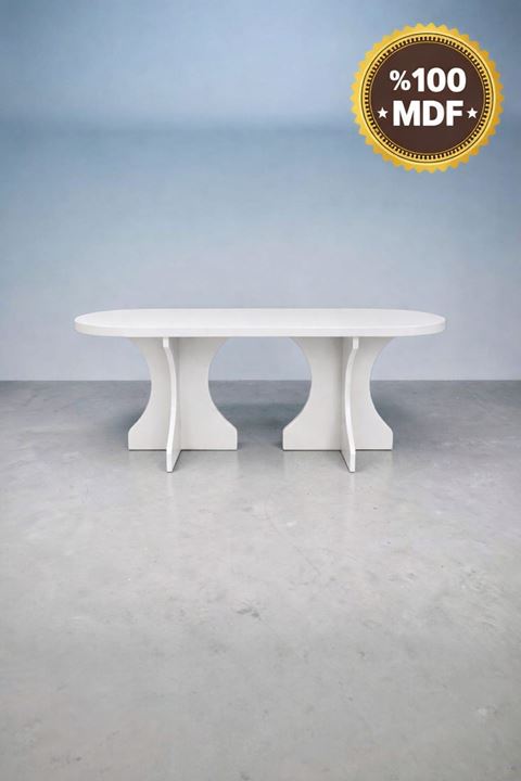 Oval Salon Yemek Masası Kemer Ayak 36mm Kalın Kenarlı 160x90 -Beyaz
