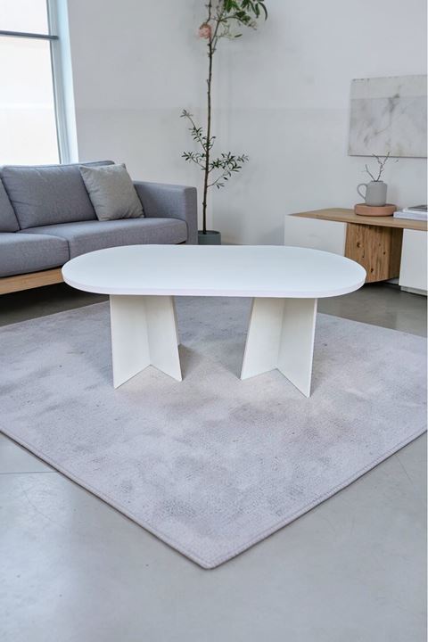 Oval Salon Yemek Masası Mantar Ayak 36mm Kalın Kenarlı 180x90 -Beyaz