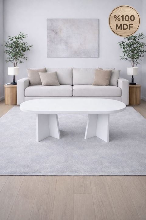 Oval Salon Yemek Masası Mantar Ayak 36mm Kalın Kenarlı 180x90 -Beyaz