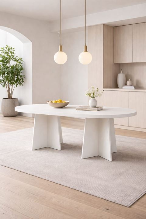 Oval Salon Yemek Masası Mantar Ayak 36mm Kalın Kenarlı 180x90 -Beyaz