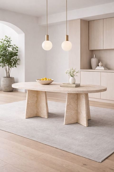 Oval Salon Yemek Masası Mantar Ayak 36mm Kalın Kenarlı 180x90-Traverten