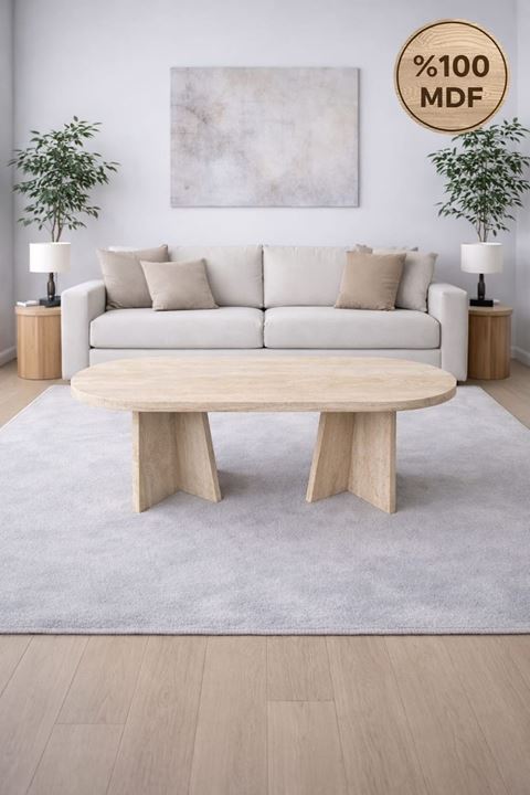 Oval Salon Yemek Masası Mantar Ayak 36mm Kalın Kenarlı 160x90-Traverten