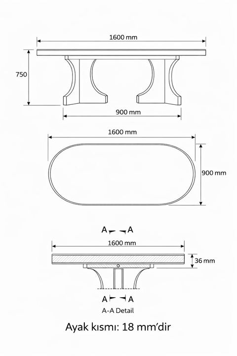 Oval Salon Yemek Masası Kare Ayak 36mm Kalın Kenarlı 160x90-Traverten
