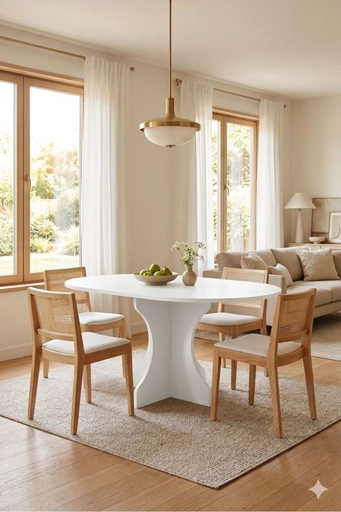 Oval Salon Yemek Masası Kemer Tek Ayak 160x90 -Beyaz