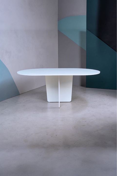 Oval Salon Yemek Masası Kare Tek Ayak 160x90 -Beyaz