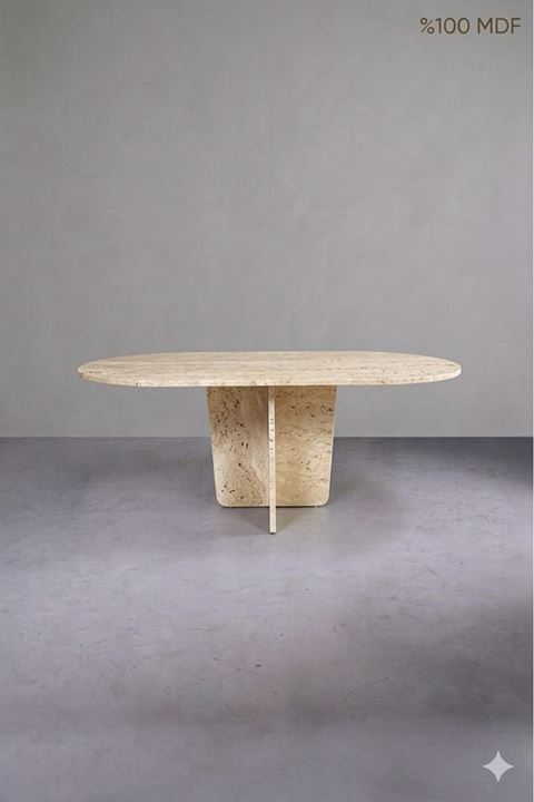 Oval Salon Yemek Masası Kare Tek Ayak 160x90-Traverten