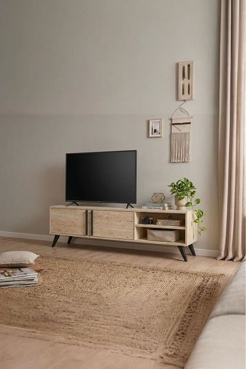 Tv Ünitesi 2 Kapaklı Raflı Dolaplı Tv Sehpası Traverten