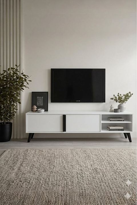 Tv Ünitesi 2 Kapaklı Raflı Dolaplı Tv Sehpası BEYAZ