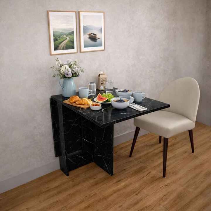Pratik Açılır Kapanır Yemek Masası Siyah Mermer