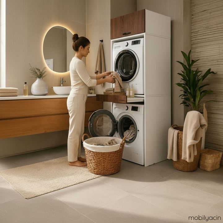 Çamaşır Ve Kurutma Makinesi Dolabı Çekmeceli Banyo Dolabı CEVİZ