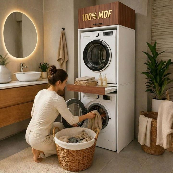 Çamaşır Ve Kurutma Makinesi Dolabı Çekmeceli Banyo Dolabı CEVİZ