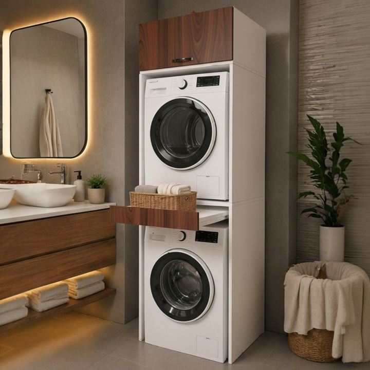 Çamaşır Ve Kurutma Makinesi Dolabı Çekmeceli Banyo Dolabı CEVİZ