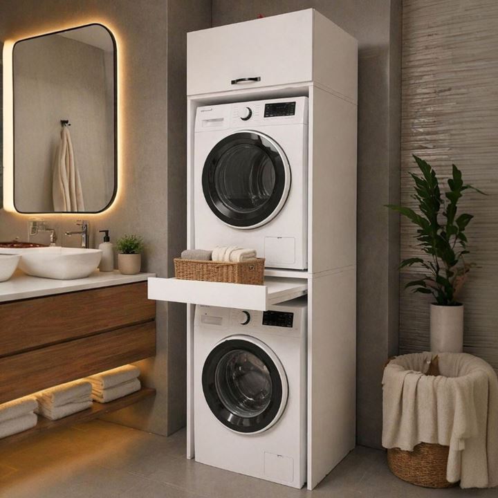 Çamaşır Ve Kurutma Makinesi Dolabı Çekmeceli Banyo Dolabı Beyaz 