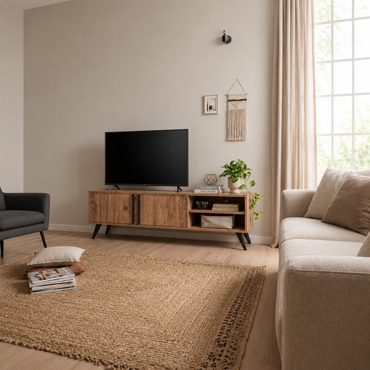 Tv Ünitesi 2 Kapaklı Raflı Dolaplı Tv Sehpası Atlantik Çam 