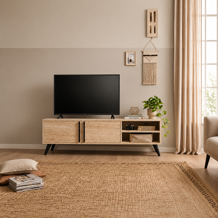 Tv Ünitesi 2 Kapaklı Raflı Dolaplı Tv Sehpası Traverten