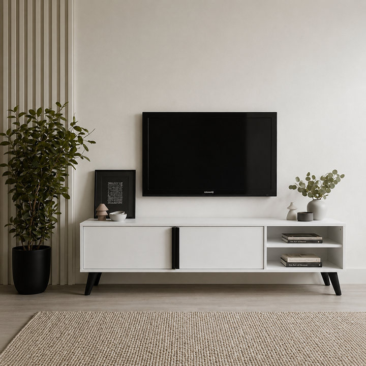 Tv Ünitesi 2 Kapaklı Raflı Dolaplı Tv Sehpası BEYAZ