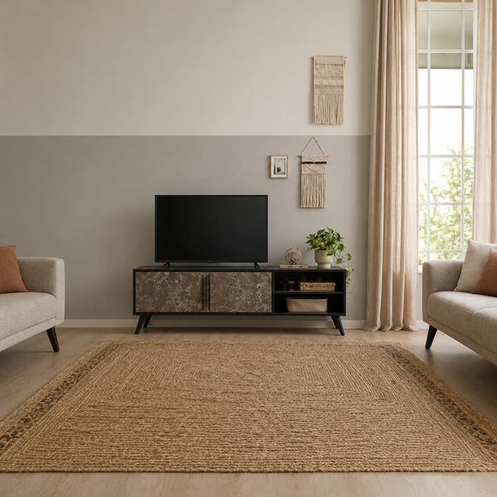 Tv Ünitesi 2 Kapaklı Raflı Dolaplı Tv Sehpası SİYAH TAŞ