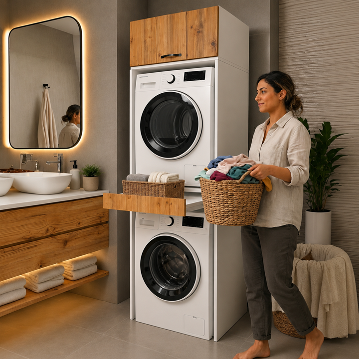 Çamaşır Ve Kurutma Makinesi Dolabı Çekmeceli Banyo Dolabı ATLANTIK ÇAM 