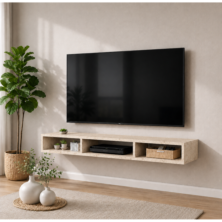 Dekoratif Raflı Duvar Tv Ünitesi  Üç Bölmeli Traverten