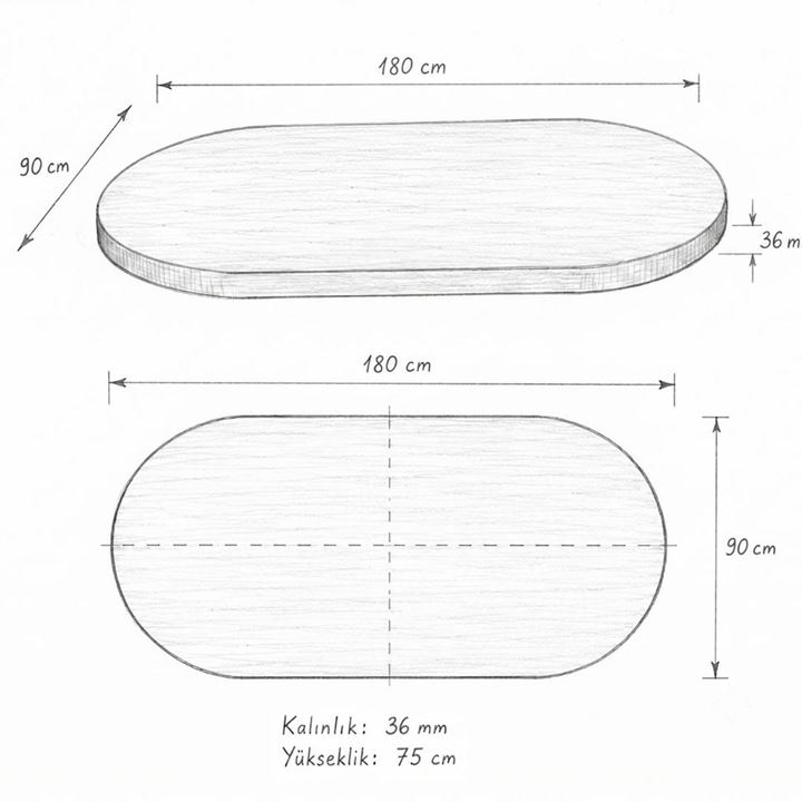 Oval Salon Yemek Masası Mantar Ayak 36mm Kalın Kenarlı -Beyaz